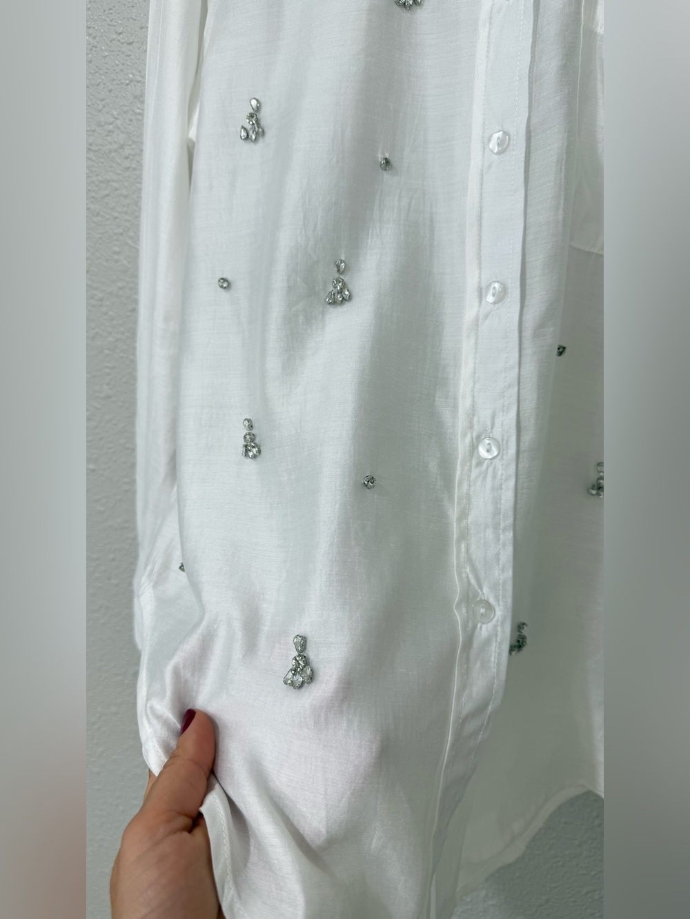 Sweet Rain Rhinestone Embellished White Button Down Shirt M Jeweled Blouse - Picture 4 of 8